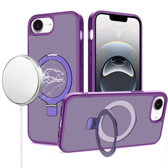 For iPhone 17E / 16E / SE4 Magnetic Matching Ring Stand Full Rotation Matte Hybrid - Dark Purple