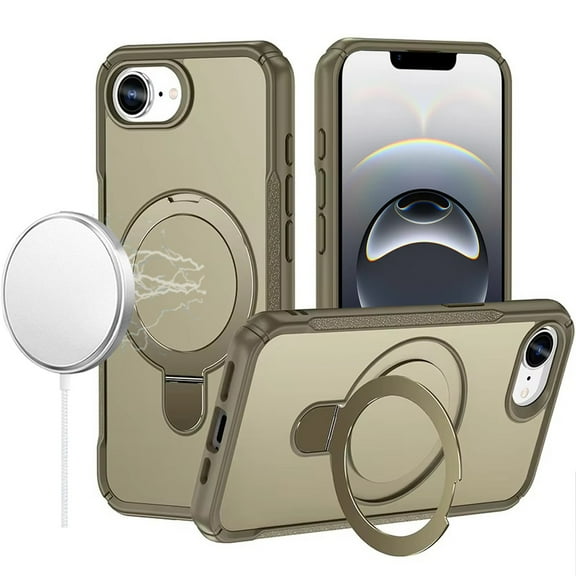 For iPhone 16E (E edition) / SE4 (2025) Matte Finish Simplified Magnetic Ring With Stand Hybrid Case - Khaki
