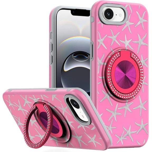 For iPhone 17E / 16E / SE4 Metal Diamond CD Pattern Design Matte Finished Hybrid with Rotational Ring [Car Mount Friendly] Case - 1