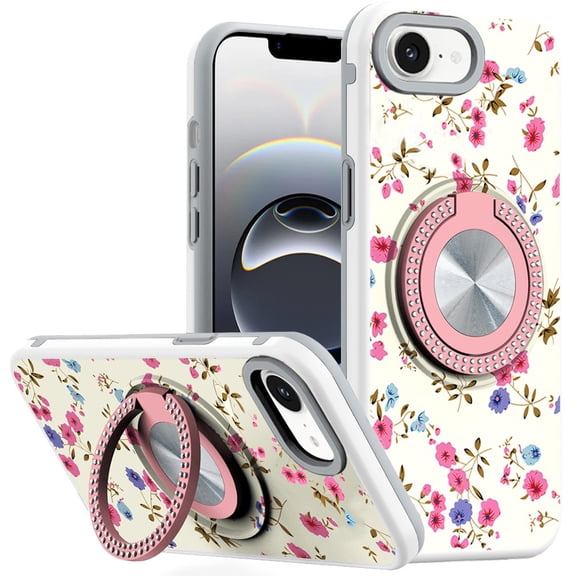 For iPhone 17E / 16E / SE4 Metal Diamond CD Pattern Design Matte Finished Hybrid with Rotational Ring [Car Mount Friendly] Case - 8