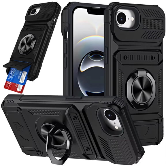 For iPhone 16E (E edition) / SE4 (2025) Multi-Functional 2X Card Slot Shockproof Metal Ring Hybrid Case - Black