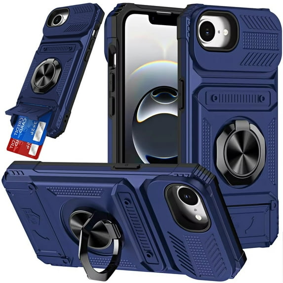 For iPhone 17E / 16E / SE4 Multi-Functional 2X Card Slot Shockproof Metal Ring Hybrid Case - Blue