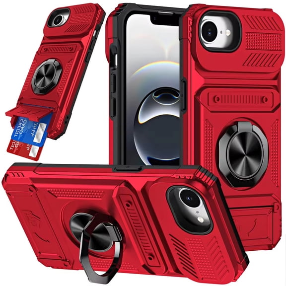 For iPhone 17E / 16E / SE4 Multi-Functional 2X Card Slot Shockproof Metal Ring Hybrid Case - Red