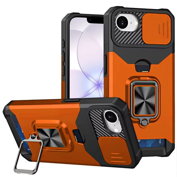 For iPhone 16E (E edition) / SE4 (2025) Multi-Functional Card Magnetic Ring Stand Hybrid Camera Case Cover - Cosmic Orange