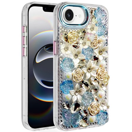 For iPhone 16E (E edition) / SE4 (2025) Muti-Color Rose Bling Stones Ornaments Case - Blue