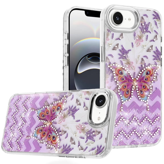 For iPhone 16E (E edition) / SE4 (2025) Resin Epoxy Design Diamond Metal Edged Hybrid Case - B