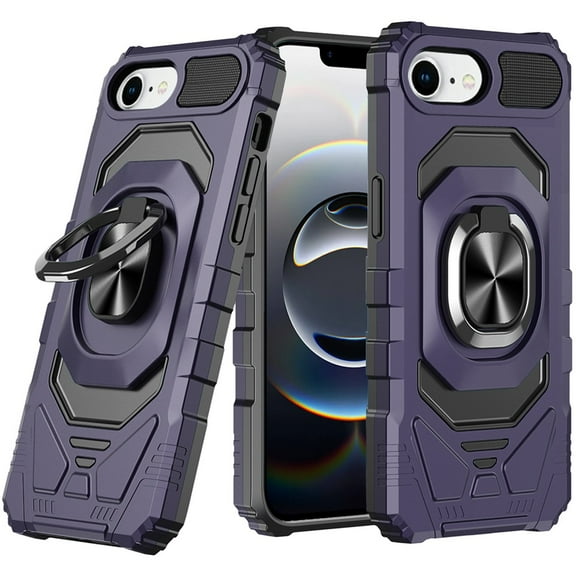 For iPhone 16E (E edition) / SE4 (2025) Robotic Hybrid with Magnetic Ring Stand Case Cover - Dark Purple