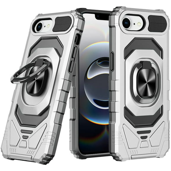 For iPhone 16E (E edition) / SE4 (2025) Robotic Hybrid with Magnetic Ring Stand Case Cover - Silver