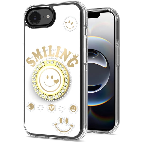 For iPhone 17E / 16E / SE4 Smiling Glitter Ornament Bling With Ring Stand Hybrid Case Cover - White