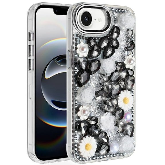 For iPhone 16E (E edition) / SE4 (2025) Spectacular Full Bling Stones Glitter HQ Hybrid Floral Series - Black