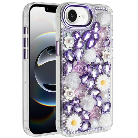 For iPhone 16E (E edition) / SE4 (2025) Spectacular Full Bling Stones Glitter HQ Hybrid Floral Series - Purple