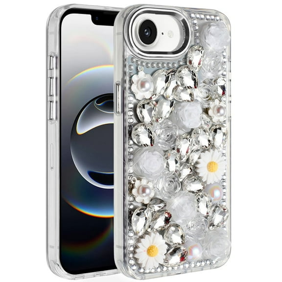 For iPhone 16E (E edition) / SE4 (2025) Spectacular Full Bling Stones Glitter HQ Hybrid Floral Series - White