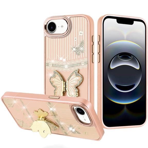 For iPhone 16E (E edition) / SE4 (2025) Splendid Glitter Butterfly Design Stand with Metallic Edges Hybrid Case - Gold