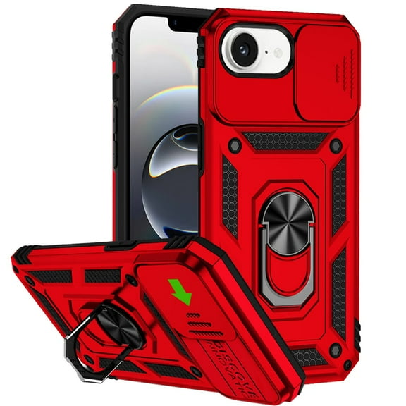 For iPhone 16E (E edition) / SE4 (2025) Well Protective Magentic Ring Stand Camera Protective Cover Case - Red