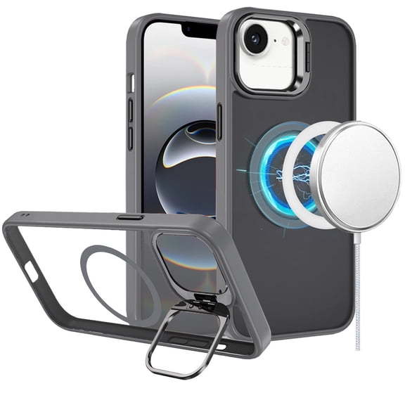 For iPhone 17E / 16E / SE4 Fearless Tough HQ Metallic Hybrid with Camera Ring Stand [Magnetic Circle] Case - Gray