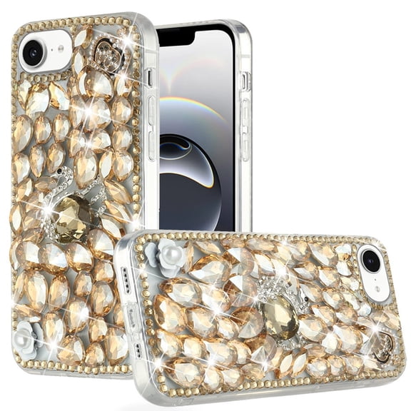 For iPhone 17E / 16E / SE4 Full Diamond with Ornaments Hard TPU Case Cover - Gold Swan Crown Pearl
