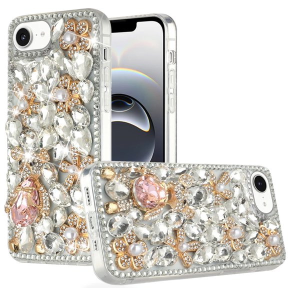 For iPhone 16E / SE4 Full Diamond with Ornaments Hard TPU Case Cover - Silver Panda Floral