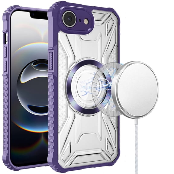 For iPhone 17E / 16E / SE4 [Magnetic Circle] CD Pattern Transparent Rugged Hybrid - Purple