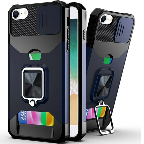 For iPhone 17E / 16E / SE4 Multi-Functional Card Magnetic Ring Stand Hybrid Camera Case Cover - Blue