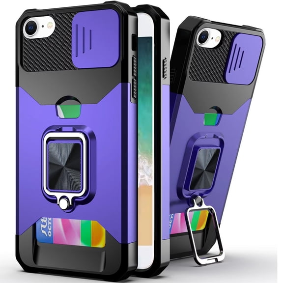 For iPhone 17E / 16E / SE4 Multi-Functional Card Magnetic Ring Stand Hybrid Camera Case Cover - Dark Purple