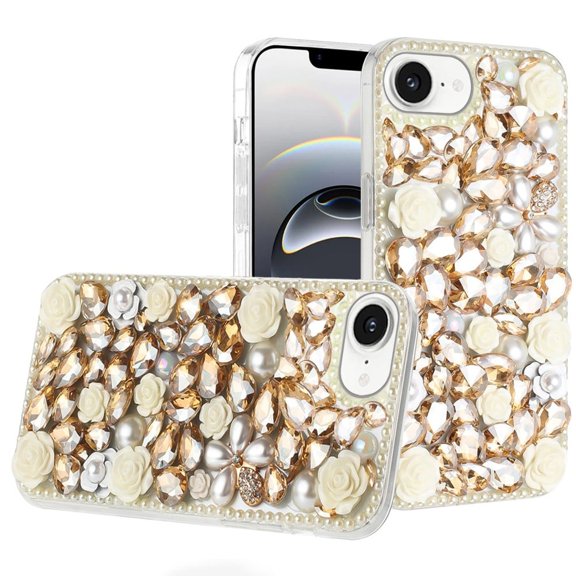 For iPhone 16e/17e Case Full Rhinestone 3D Rose Bling Cover + Tempered Glass