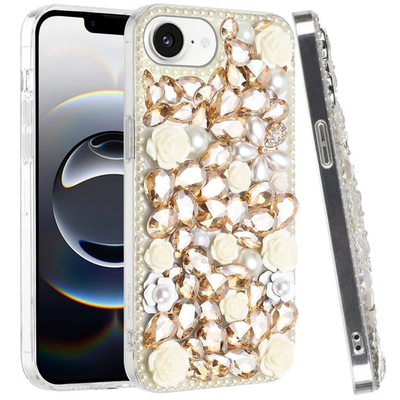 For iPhone 16E / SE4 Rose Flower Full Diamond Bling Stones - Yellow