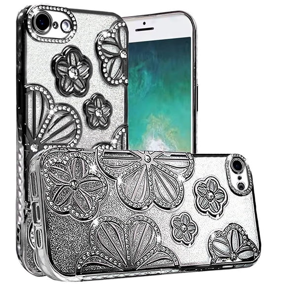 For iPhone 16e/17e Case Bling Floral 3D Rhinestones Glitter + Tempered Glass