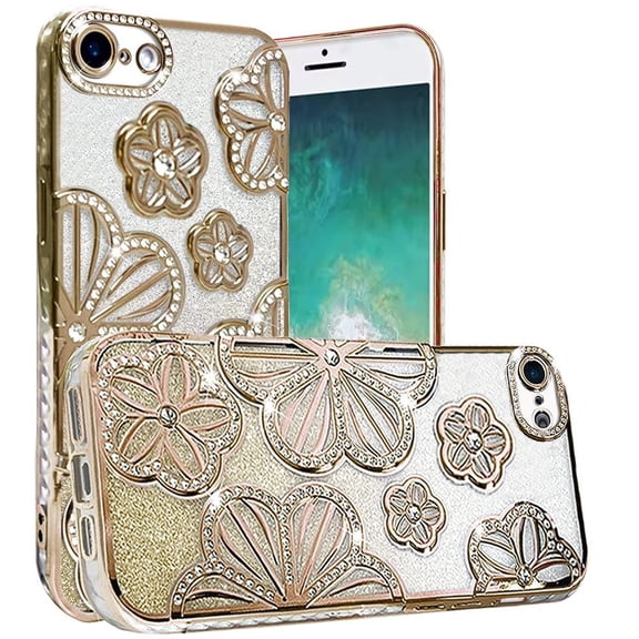 For iPhone 16e/17e Case Bling Floral 3D Rhinestones Glitter + Tempered Glass