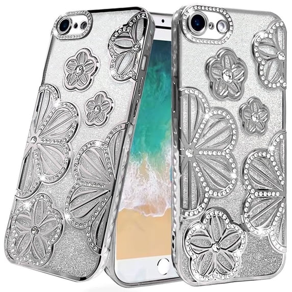 For iPhone 16e/17e Case Bling Floral 3D Rhinestones Glitter + Tempered Glass