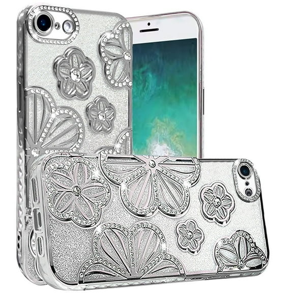 For iPhone 16E / SE4 Shimmer Glitter Floral Design Thick TPU Case Cover - Silver