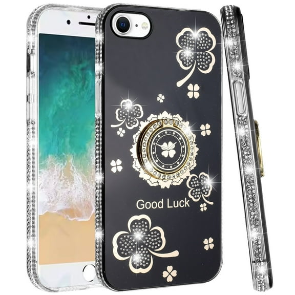 For iPhone 16E / SE4 Splendid Glitter with Diamonds All Around Edges Ring Stand Case Cover - Black