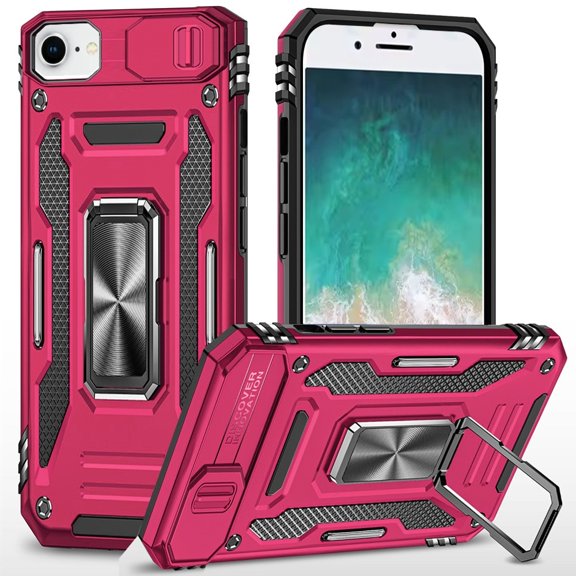 For iPhone 17E / 16E / SE4 Utter Tough Metal Ring Movable Camera Window Hybrid Case Cover - Hot Pink