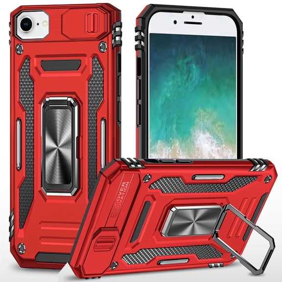 For iPhone 17E / 16E / SE4 Utter Tough Metal Ring Movable Camera Window Hybrid Case Cover - Red