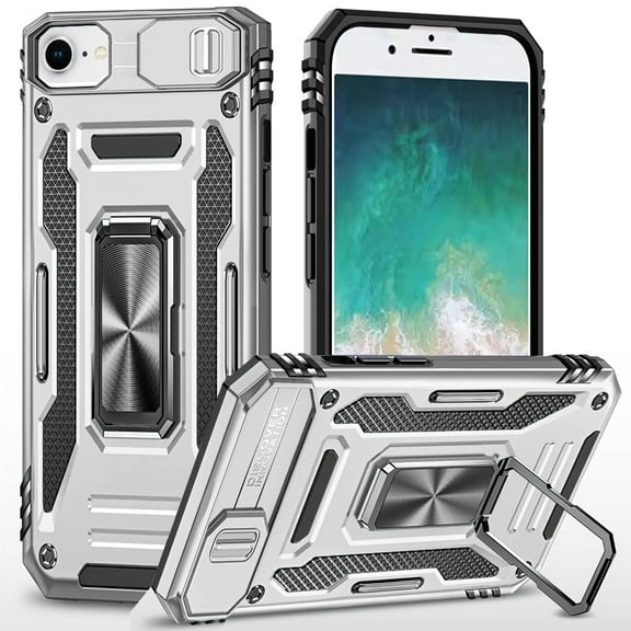 For iPhone 16E / SE4 Utter Tough Metal Ring Movable Camera Window Hybrid Case Cover - Silver