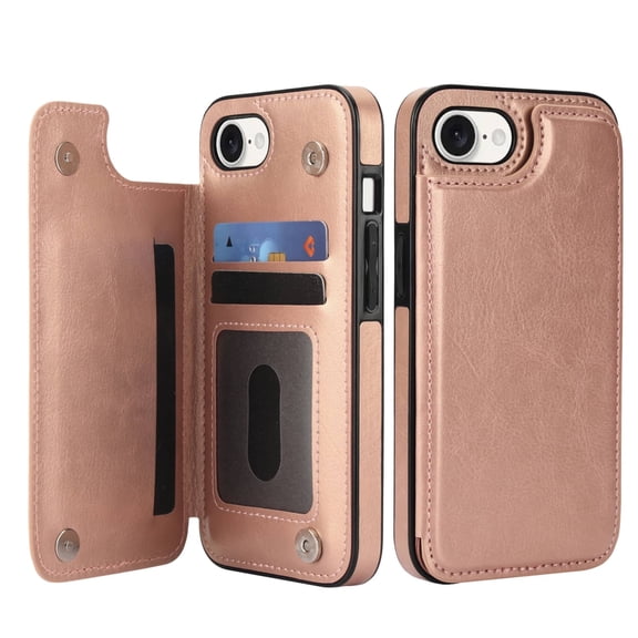 For iPhone 16e Wallet Case with Card Holder, PU Faux Leather Kickstand Card Slots Case, Double Magnetic Clasp and Durable Shockproof Cover
