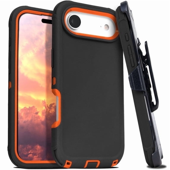 For iPhone 17 Air Case With Belt Clip, Kickstand, Shockproof Dust/Drop Proof 3 in 1 Full Body Rugged Heavy Duty Durable Cover Orange