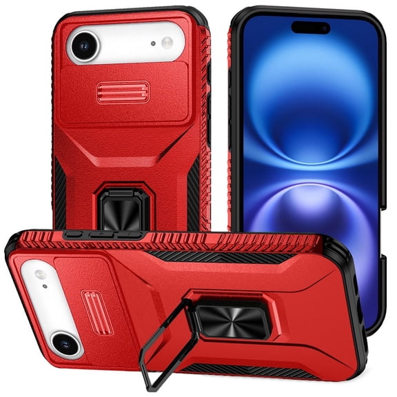 For iPhone 17 Air Complete Magnetic Metal Ring Stand Camera Protection Hybrid - Red