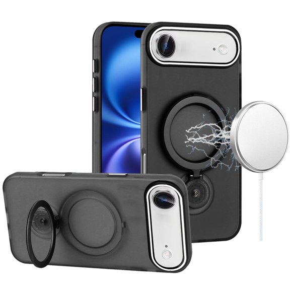 For iPhone 17 Air Hoop Kickstand [Magnetic Circle] HD Transparent Chrome Hybrid - Black
