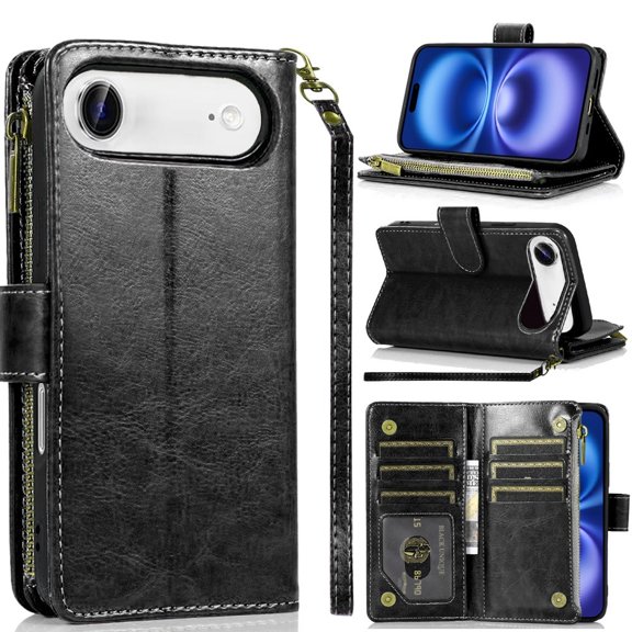For iPhone 17 Air Luxury Wallet Card ID Zipper Money Holder Case Cover - Black