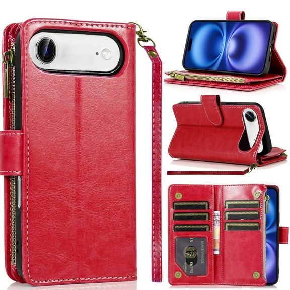 For iPhone 17 Air Luxury Wallet Card ID Zipper Money Holder Case Cover - Red