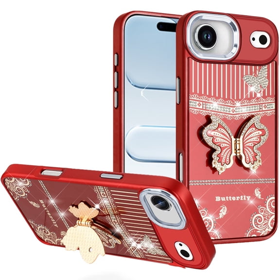 For iPhone 17 Air Splendid Glitter Butterfly Design Stand with Metallic Edges Hybrid Case - Red