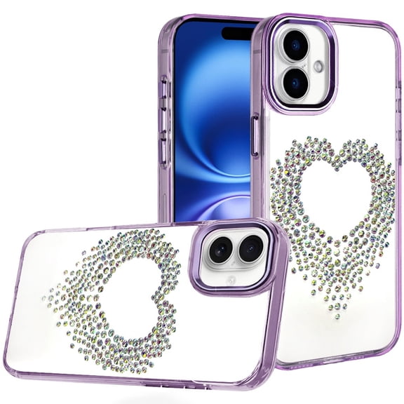 For iPhone 17 Angel Hearts Bling Shimmer Colorful Glitter Chrome Edged Hybrid Case - Purple