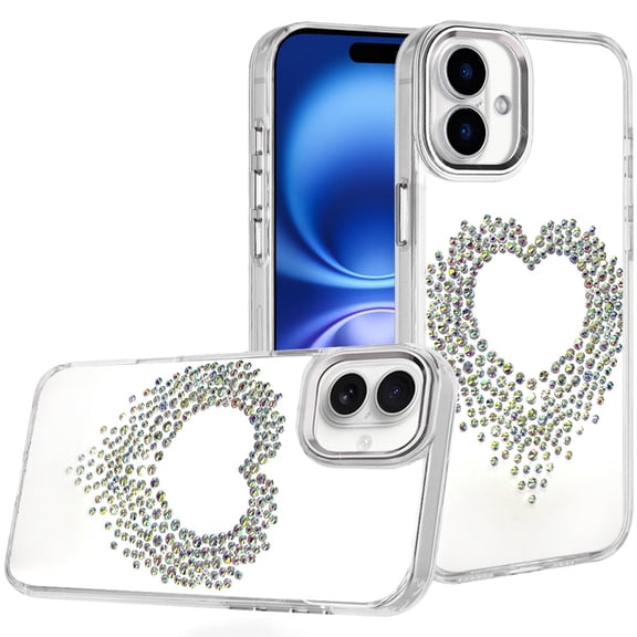 For iPhone 17 Angel Hearts Bling Shimmer Colorful Glitter Chrome Edged Hybrid Case - Silver