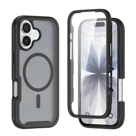 For iPhone 17 Case, 360° Rugged Protective Shell with Screen Protector, Heavy Duty Shockproof Case Matte Translucent Compatible with Magsafe, Black