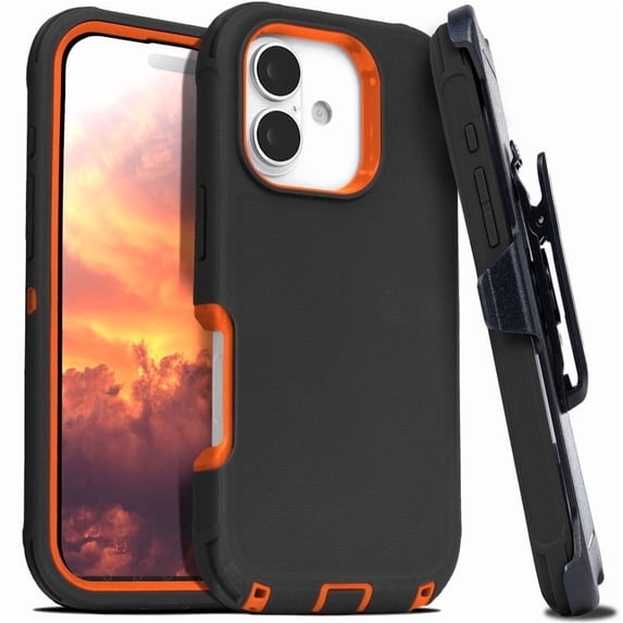 For iPhone 17 Case With Belt Clip, Kickstand, Shockproof Dust/Drop Proof 3 in 1 Full Body Rugged Heavy Duty Durable Cover Orange