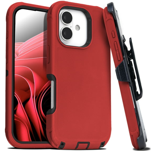 For iPhone 17 Case With Belt Clip, Kickstand, Shockproof Dust/Drop Proof 3 in 1 Full Body Rugged Heavy Duty Durable Cover Red