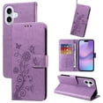 thumbnail image 1 of For iPhone 17 Embossed Butterfly Flowers With Card Slots And A Cash Compartment Shockproof Kickstand Flip Leather Phone Case,Purple,For iPhone 17, 1 of 7
