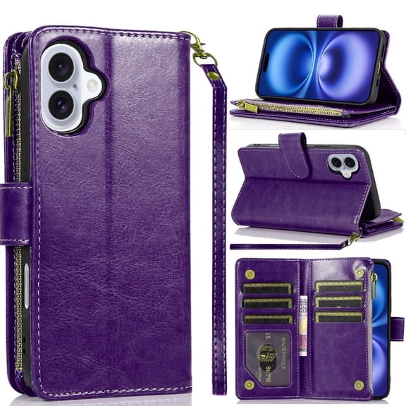For iPhone 17 Luxury Wallet Card ID Zipper Money Holder Case Cover - Dark Purple