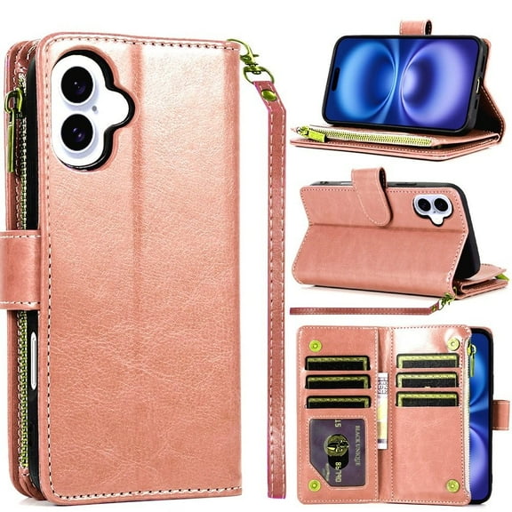 For iPhone 17 Luxury Wallet Card ID Zipper Money Holder Case Cover - Rose Gold