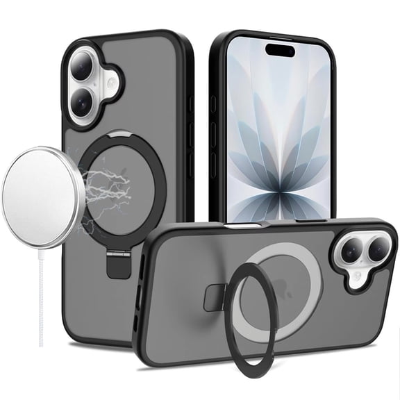 For iPhone 17 Magnetic Matching Ring Stand Full Rotation Matte Hybrid - Black